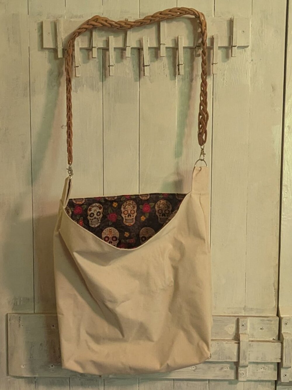 Canvas Tote Bag with Leather strap lined with Suger Skull cotton